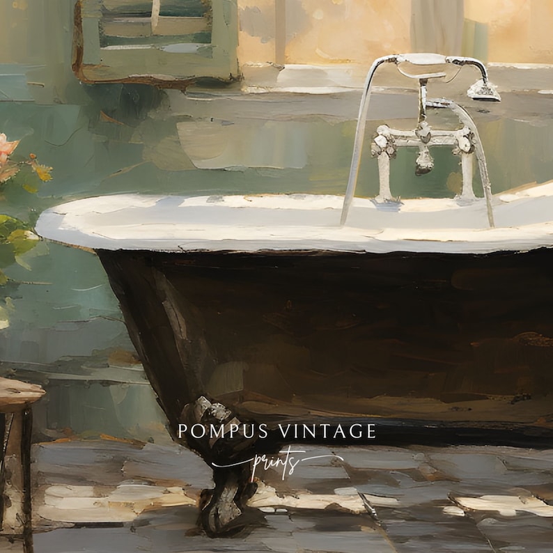 Peut inclure: Une baignoire &agrave; pieds en fonte noire avec un int&eacute;rieur en porcelaine blanche et un robinet argent&eacute;. La baignoire est dans une salle de bain avec un mur carrel&eacute; vert et un sol en bois. Le texte "POMPUS VINTAGE prints" est visible dans le coin inf&eacute;rieur droit de l'image.