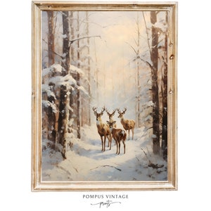 Vintage Deer in Snowy Forest Oil Painting Print - Winter Landscape Art - Snowy Art Digital - Deer Art Print