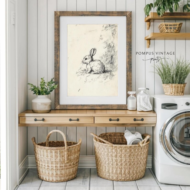 Vintage Bunny Rabbit Sketch Print | Black and White Nursery Wall Art ...