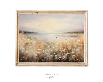 Coastal Landscape Oil Painting Download | Neutral Country Meadow Wall Art, Golden Grass Field Print Modern Farmhouse Decor Vintage Landscape