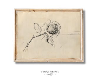 Vintage Line Drawing Floral Simple Rose - Sketch Wall Art Printable, Neutral Farmhouse Home Decor, Instant Downloadable Artwork