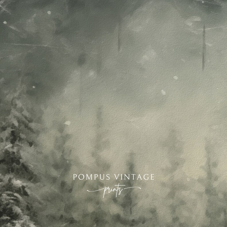 May include: A watercolor painting of a foggy forest scene in shades of gray and green. The text "POMPUS VINTAGE prints" is at the bottom of the image.