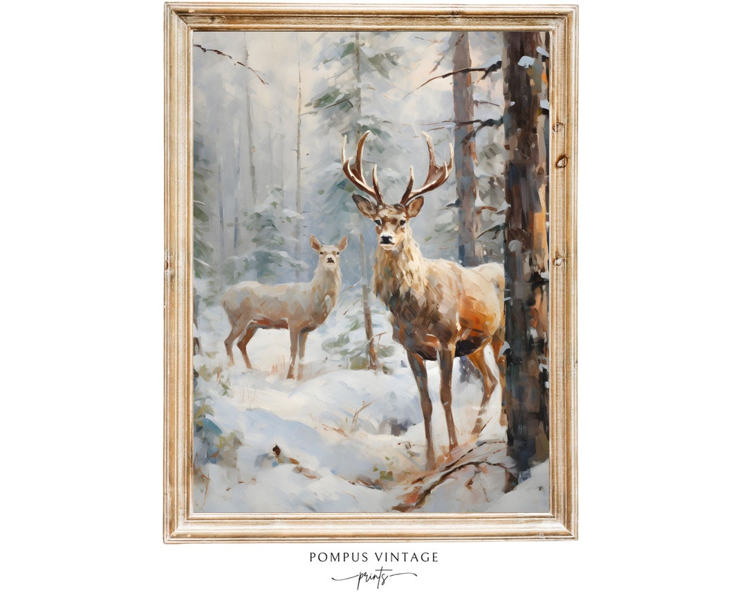 Vintage Deer in Snowy Forest Oil Painting Print - Winter Landscape Art ...