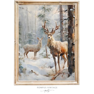 Vintage Deer in Snowy Forest Oil Painting Print - Winter Landscape Art - Snowy Art Digital - Deer Art Print