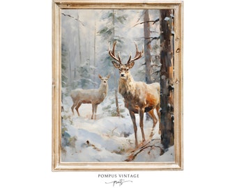 Vintage Deer in Snowy Forest Oil Painting Print - Winter Landscape Art - Snowy Art Digital - Deer Art Print