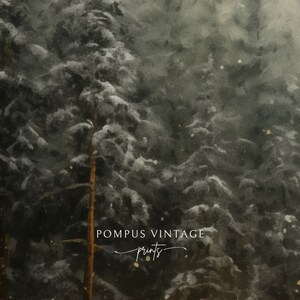 May include: A watercolor painting of a snowy forest with a dark green and gray color scheme. The text "POMPUS VINTAGE prints" is in the bottom center of the image.