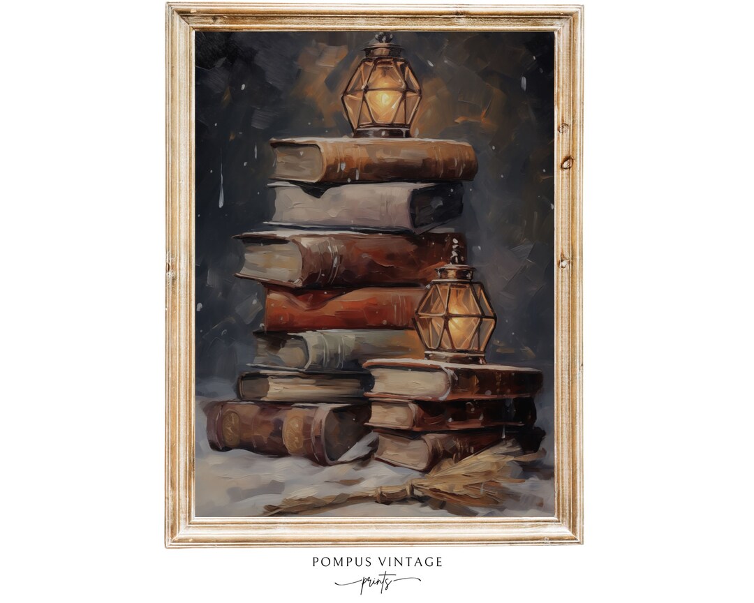 Vintage Bookshelf Art Print Vintage Light Academia Book Pile in Snow