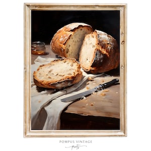 May include: A painting of a loaf of bread sliced open on a wooden table with a knife. The bread is golden brown and the table is a light brown color. There is a jar of honey in the background.