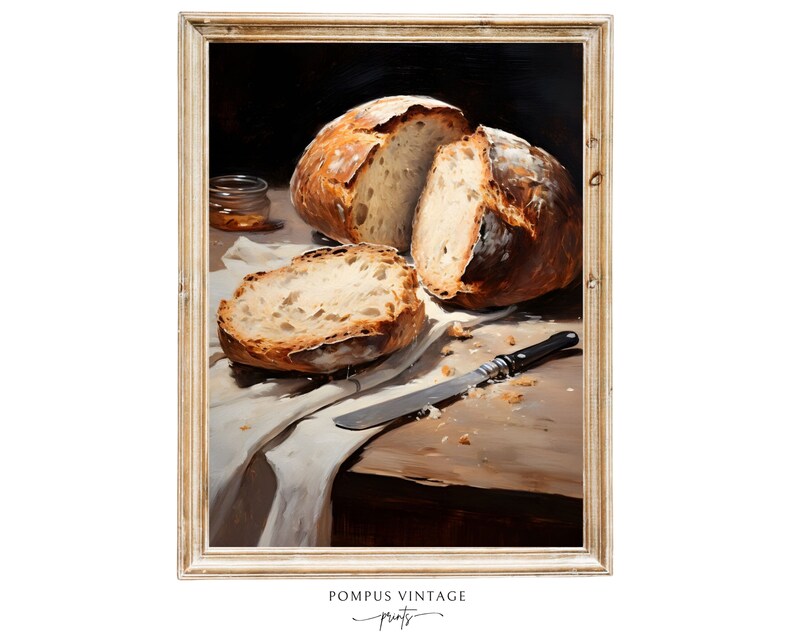 May include: A painting of a loaf of bread sliced open on a wooden table with a knife. The bread is golden brown and the table is a light brown color. There is a jar of honey in the background.