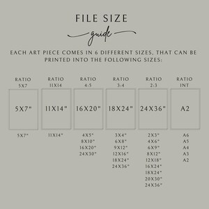 May include: A chart showing the different sizes available for art prints. The chart lists six different aspect ratios and the corresponding sizes in inches. The aspect ratios are 5x7, 11x14, 4:5, 3:4, 2:3, and International.