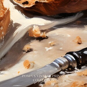 May include: A close-up of a silver butter knife with a black handle resting on a wooden surface with a white and brown pattern. The surface is covered in small, crumb-like pieces. The text "POMPUS VINTAGE PRINTS COLLECTION" is visible at the bottom of the image.