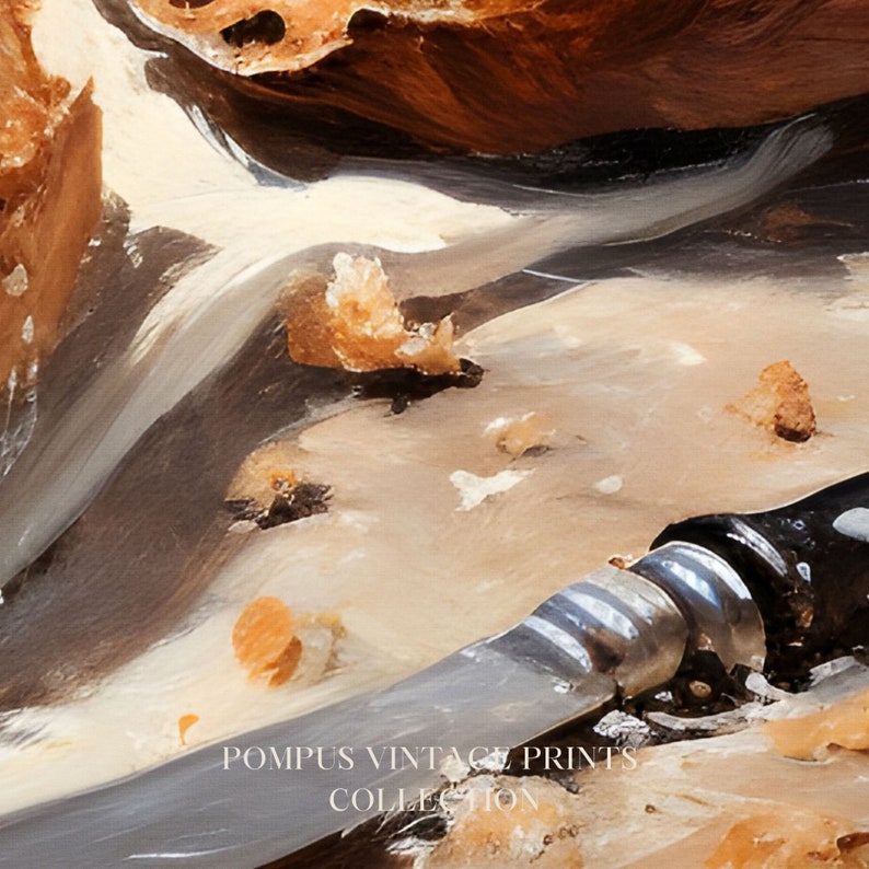 May include: A close-up of a silver butter knife with a black handle resting on a wooden surface with a white and brown pattern. The surface is covered in small, crumb-like pieces. The text "POMPUS VINTAGE PRINTS COLLECTION" is visible at the bottom of the image.