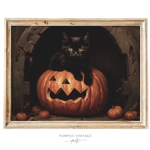 Halloween kitten art PRINT Black kitten art print Black Cat Artwork Kitten Halloween PRINTABLE Cat and Pumpkin Prints Black Cat Poster