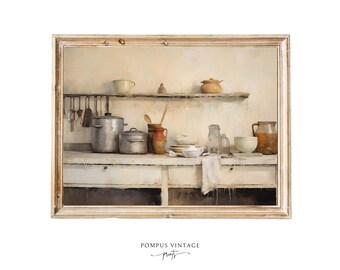 Vintage Kitchen Still Life Digital Oil Painting | Rustic Decor, Antique Vase, Moody Farmhouse Print, Vintage Jug Art, Kitchen Wall Art
