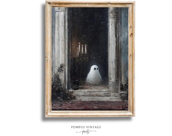 Haunting Ghostly Candlelit Manor Print - Eerie Vintage Halloween Wall Decor, Antique Cute Ghost Wall Art, Rustic Fall Countryside Artwork
