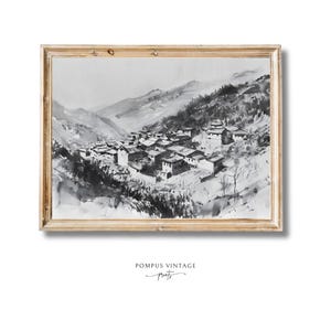 Stampa artistica di un villaggio di montagna cinese / Pittura a inchiostro di un paesaggio asiatico / Arte murale in bianco e nero / Schizzo di download digitale / Disegno vintage