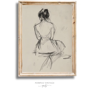 Vintage Female Figure Sitting Line Drawing Print - Sketch Wall Art Printable, Neutral Farmhouse Home Decor, Instant Downloadable Artwork