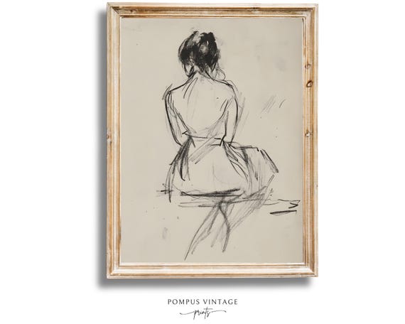 Vintage Woman Back Line Drawing Print - Sketch Wall Art Printable, Neutral Farmhouse Home Decor, Instant Downloadable Artwork