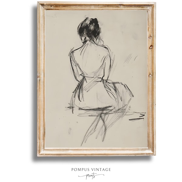 Vintage Woman Back Line Drawing Print - Sketch Wall Art Printable, Neutral Farmhouse Home Decor, Instant Downloadable Artwork