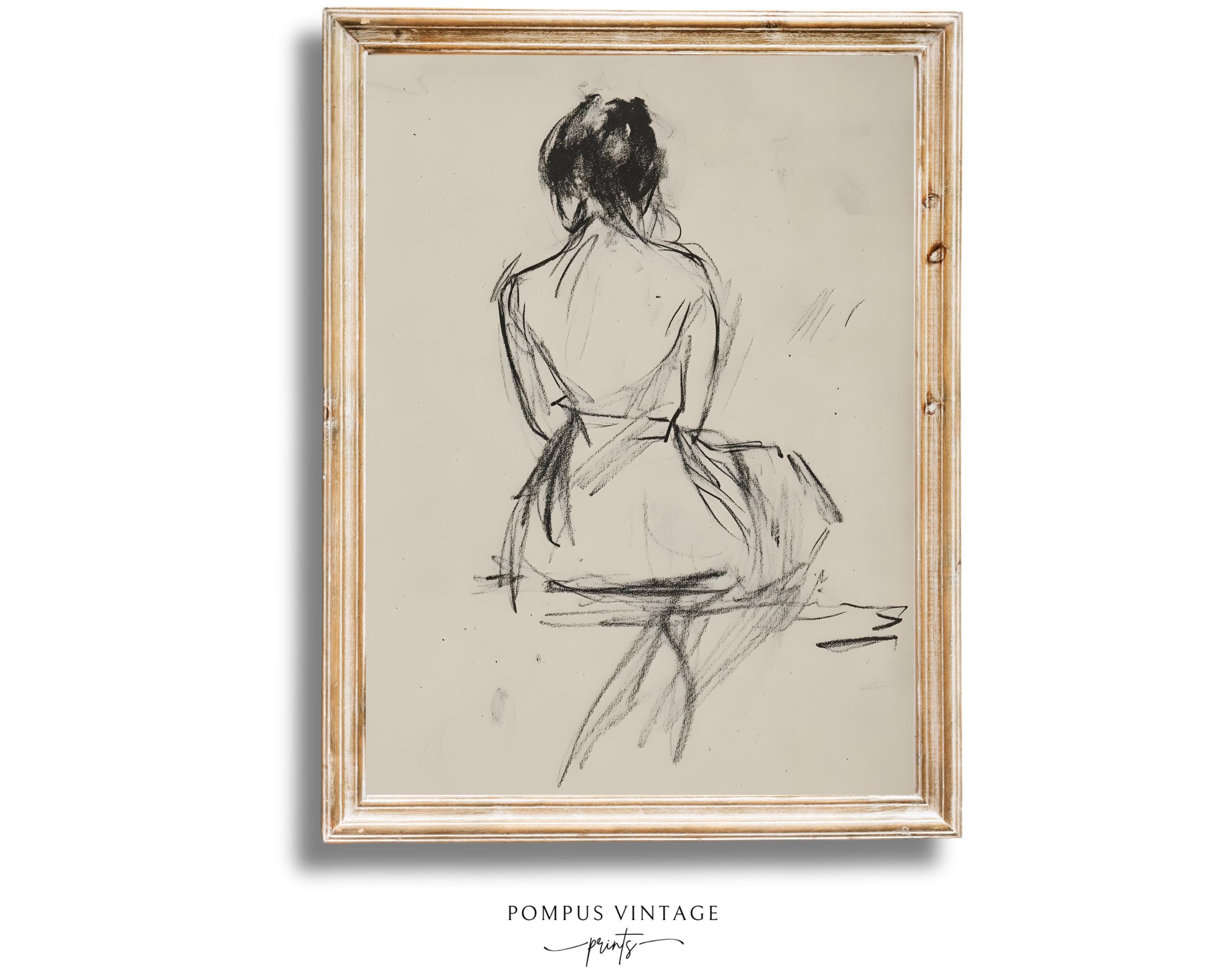 Vintage Woman Back Line Drawing Print - Sketch Wall Art Printable, Neutral Farmhouse Home Decor, Instant Downloadable Artwork