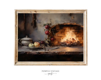 Fireplace oil painting art print vintage kitchen fireplace artwork printable art kitchen fire painting cozy wall art farmhouse thanksgiving