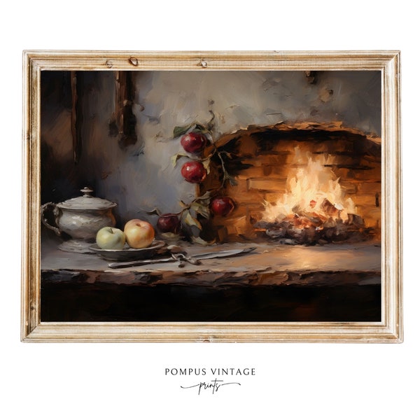 Fireplace oil painting art print vintage kitchen fireplace artwork printable art kitchen fire painting cozy wall art farmhouse thanksgiving