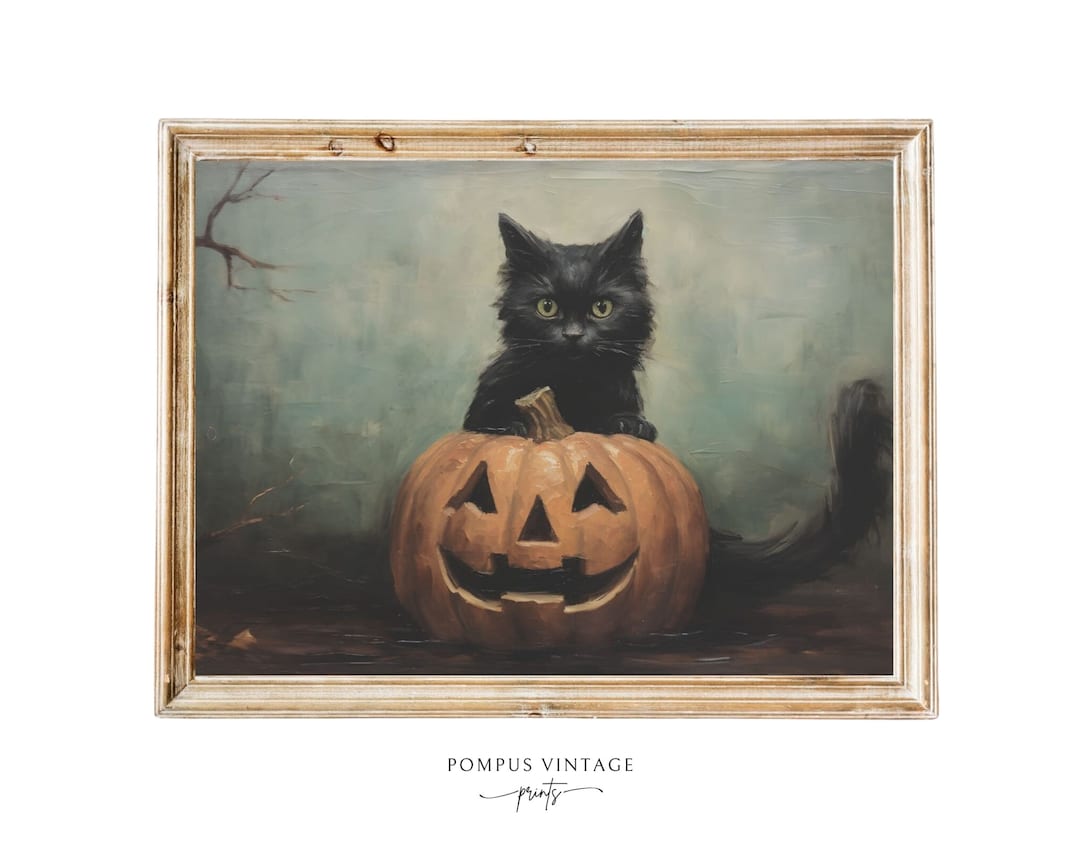 Black Cat and Pumpkin Art Print Black Kitten Art Print Halloween Black ...