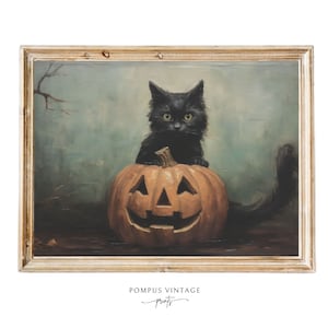 Black cat and pumpkin art print Black kitten art print Halloween Black kitten PRINTABLE wall art Halloween Oil painting wall art print cat