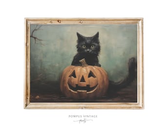 Black cat and pumpkin art print Black kitten art print Halloween Black kitten PRINTABLE wall art Halloween Oil painting wall art print cat