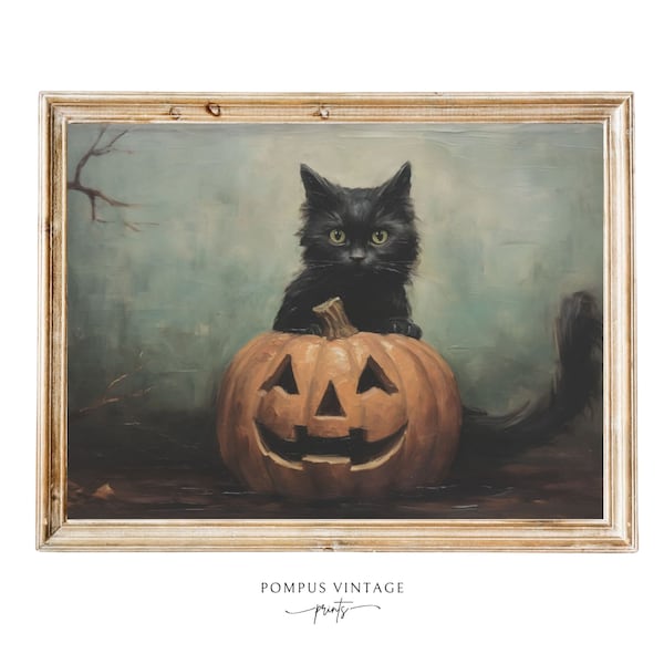 Black cat and pumpkin art print Black kitten art print Halloween Black kitten PRINTABLE wall art Halloween Oil painting wall art print cat