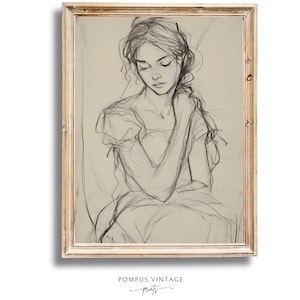 Pensive Grace Vintage Female Figure Line Drawing Print - Loose Sketch Wall Art Printable, Neutral Beige Farmhouse Home Decor, Downloadable
