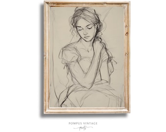 Pensive Grace Vintage Female Figure Line Drawing Print - Loose Sketch Wall Art Printable, Neutral Beige Farmhouse Home Decor, Downloadable