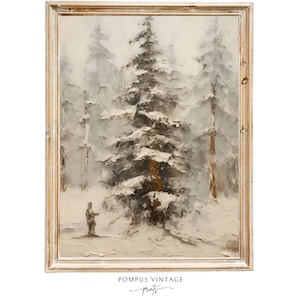 Vintage Winter Pine Tree Oil Painting Print - Snowy Forest Landscape, Winter Wonderland Art - Vintage Nature Painting Pine Tree Painting