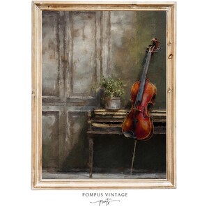 Vintage Violin in Living Room Art Print | Dark Academia Violin Wall Art, Renaissance Musical Painting, Light Academia Library Decor