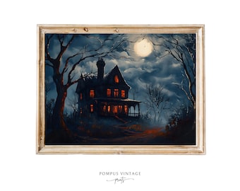 Moody Haunted House Print | Halloween Wall Art, Vintage Spooky Print, Halloween Painting, Haunted House Decor, Spooky Halloween Art Prints