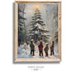 Christmas Pine Tree Light Art - Kids in Snowy Forest, Vintage Oil Painting Print, Winter Wall Art PRINTABLE, Cottagecore Wall Holiday Art