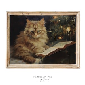 Cat Art Print - Vintage Cat Reading by Christmas Light Oil Painting Print - AI Art Print - Cozy Winter Holiday Decor - Animal Wall Art