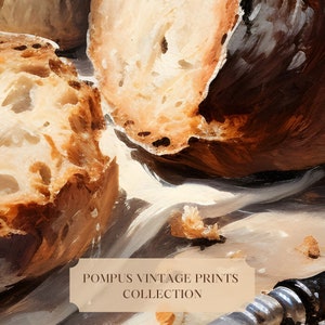 May include: Close-up of three slices of crusty bread, with a soft, light interior, on a white surface. The bread is slightly browned and has a rustic appearance. The text "POMPUS VINTAGE PRINTS COLLECTION" is visible at the bottom of the image.