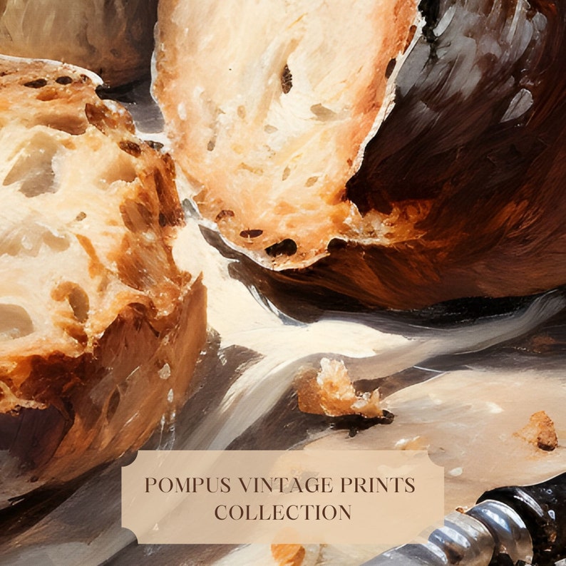 May include: Close-up of three slices of crusty bread, with a soft, light interior, on a white surface. The bread is slightly browned and has a rustic appearance. The text "POMPUS VINTAGE PRINTS COLLECTION" is visible at the bottom of the image.