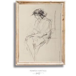 Vintage Line Drawing Print Woman - Sketch Wall Art Printable, Neutral Farmhouse Home Decor, Instant Downloadable Artwork