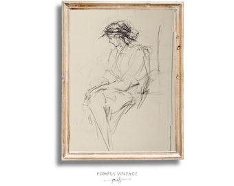 Vintage Line Drawing Print Woman - Sketch Wall Art Printable, Neutral Farmhouse Home Decor, Instant Downloadable Artwork