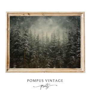May include: A framed print of a snowy forest scene with tall evergreen trees and a misty background. The print has a vintage feel and is perfect for adding a touch of nature to your home decor.
