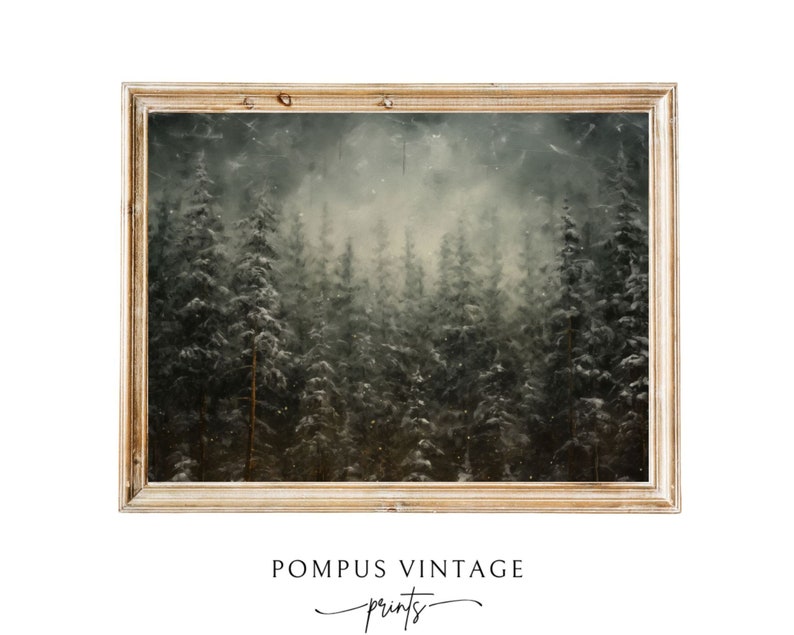 May include: A framed print of a snowy forest scene with tall evergreen trees and a misty background. The print has a vintage feel and is perfect for adding a touch of nature to your home decor.