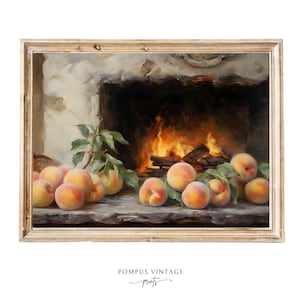 Vintage Peach Still Life Art Print - Fireplace Oil Painting - Renaissance Kitchen Decor - Kitchen Wall Art - Vintage Fruit Prints - Peaches