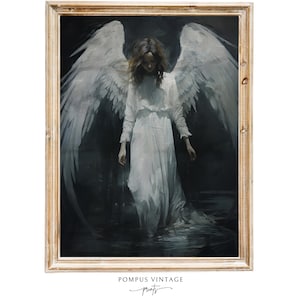 Dark Academia Angel in Dark Waters | Gothic Wall Art, Moody Victorian Art, Vintage Oil Painting, Dark Abstract Art, Printable Dark Art