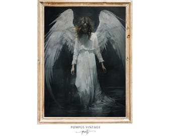 Dark Academia Angel in Dark Waters | Gothic Wall Art, Moody Victorian Art, Vintage Oil Painting, Dark Abstract Art, Printable Dark Art