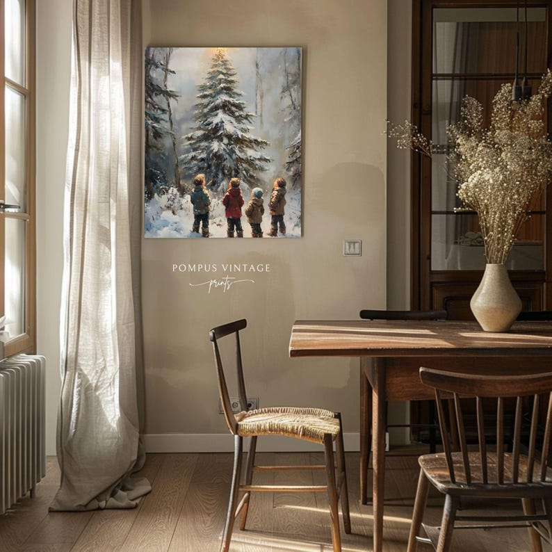 Christmas Pine Tree Light Art Kids in Snowy Forest, Vintage Oil