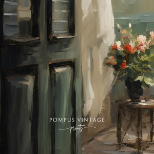 Peut inclure: Une peinture repr&eacute;sentant une pi&egrave;ce avec une porte verte, un rideau blanc, un vase de fleurs rouges et une petite table en bois. Le texte "POMPUS VINTAGE prints" est visible dans le coin inf&eacute;rieur gauche de l'image.