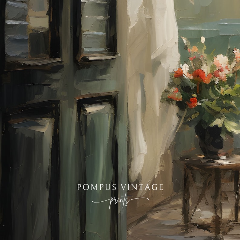 Peut inclure: Une peinture repr&eacute;sentant une pi&egrave;ce avec une porte verte, un rideau blanc, un vase de fleurs rouges et une petite table en bois. Le texte "POMPUS VINTAGE prints" est visible dans le coin inf&eacute;rieur gauche de l'image.