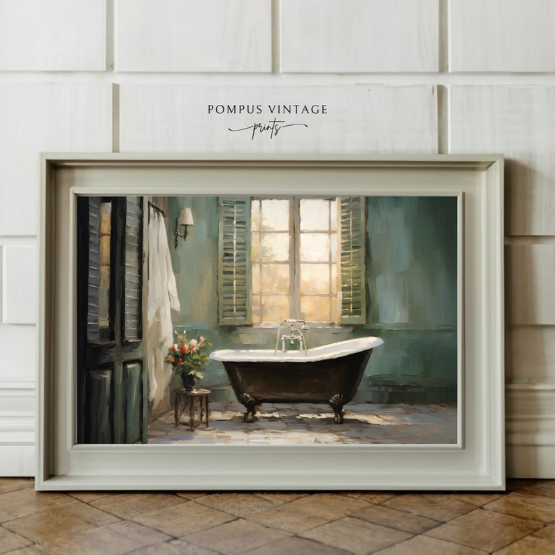 Peut inclure: Une peinture repr&eacute;sentant l'int&eacute;rieur d'une salle de bain avec une baignoire sur pieds, une fen&ecirc;tre avec des volets verts et une serviette blanche accroch&eacute;e &agrave; une porte. Les murs sont peints d'une couleur bleu-vert clair.